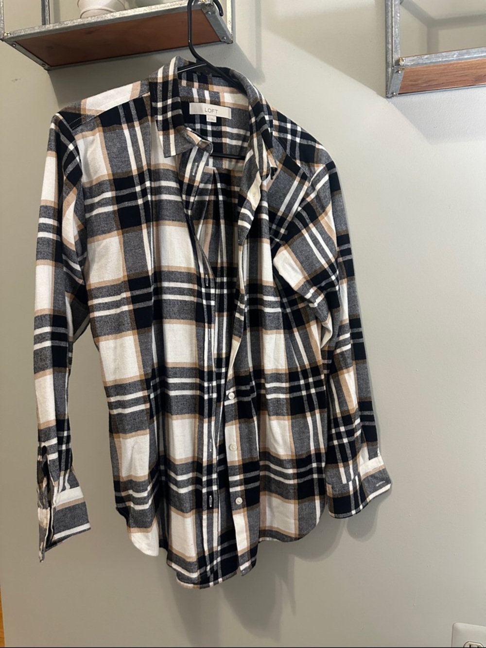 LOFT Black Cream and Tan Plaid Button-Down Shirt